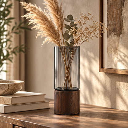 Alder — Smoked Glass Vase with Wooden Base