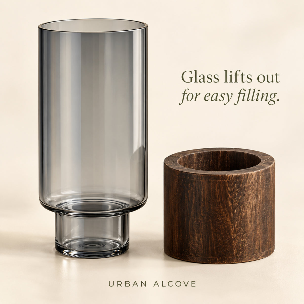 Alder — Smoked Glass Vase with Wooden Base