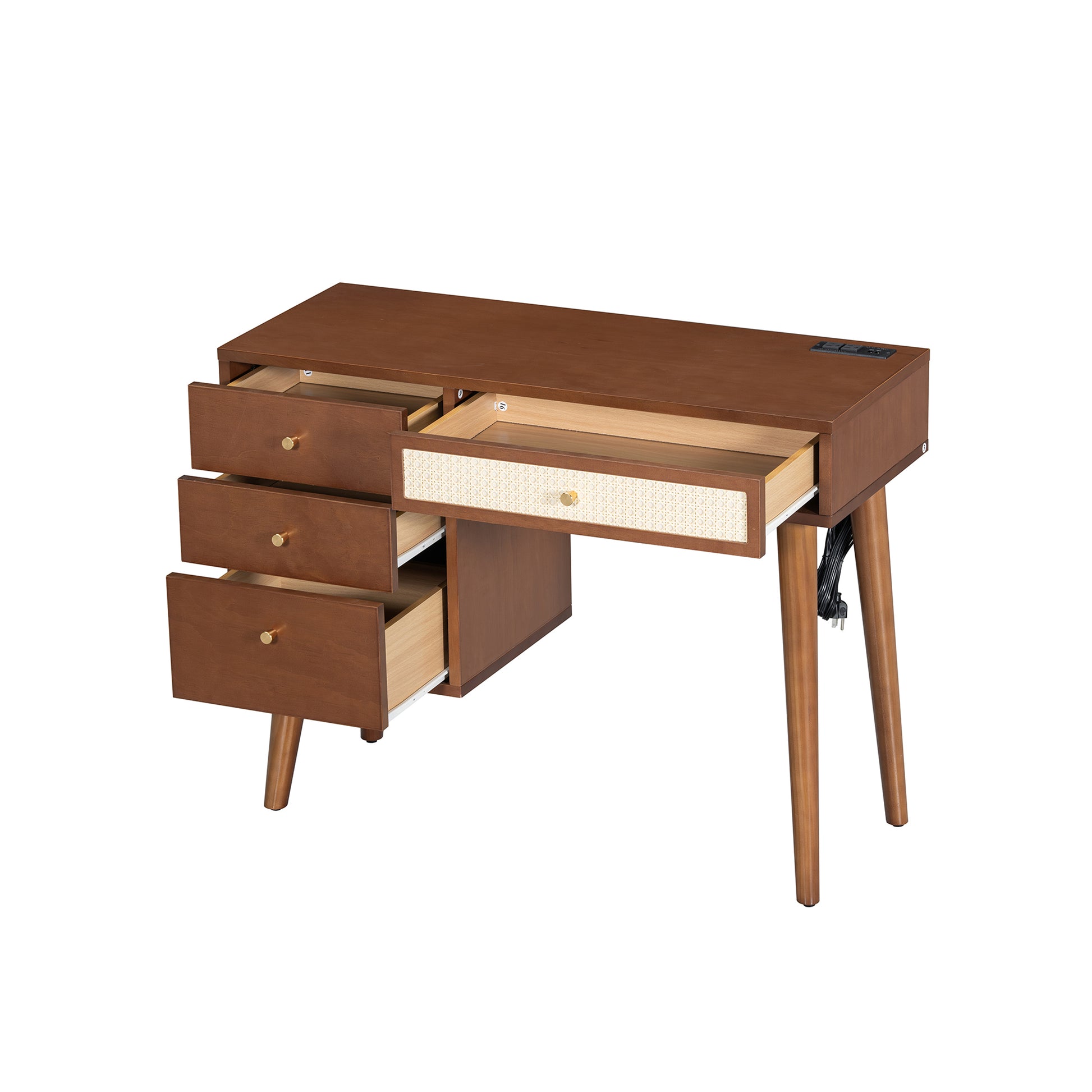 39 Retro Bohemian Style Wooden Makeup Vanity Set with Charging Plug&Usb Port and Stool, Dressing Table with 3 Storage Drawers and 1 Rectangular Rattan Drawer, Walnut