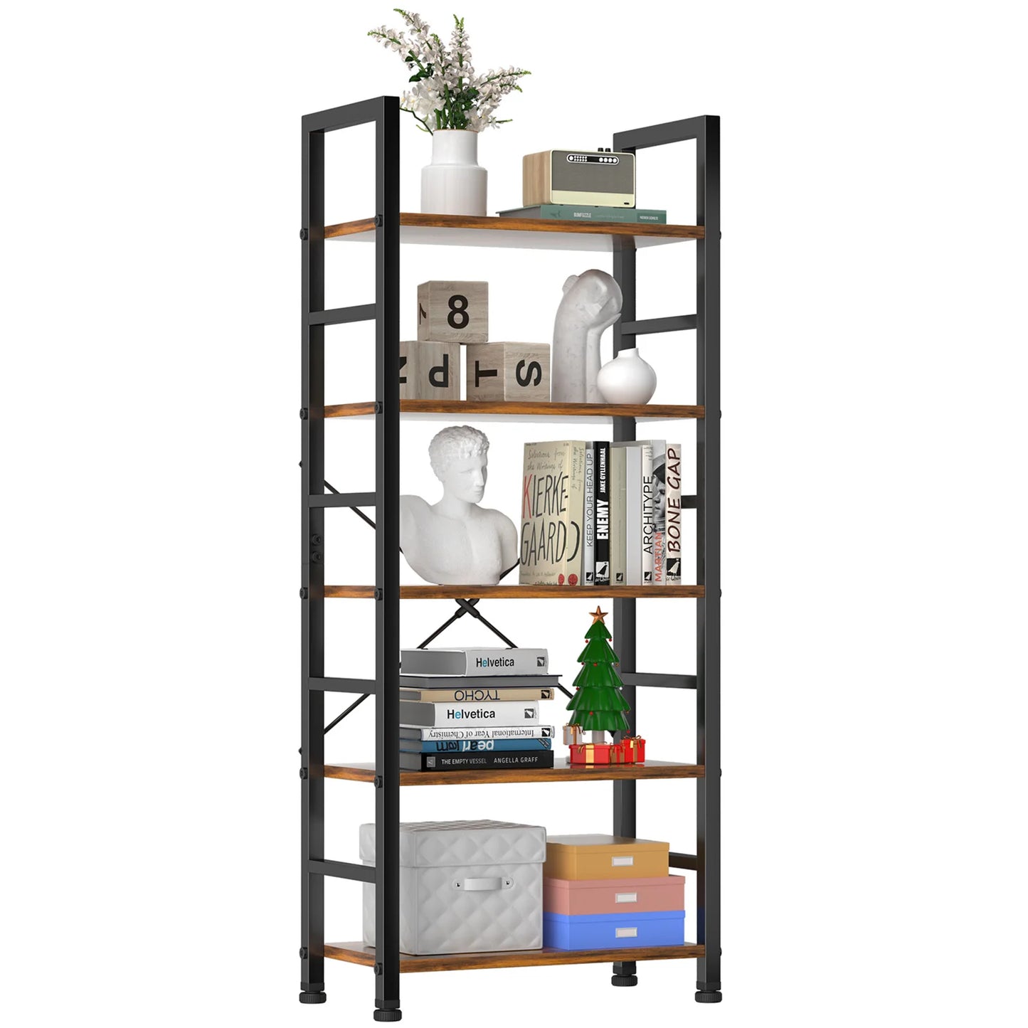 Wooden Storage Standing 5 Tiers Display Bookshelf Sturdy Structure Graduated Shelves Adjustable Feet for Living Room