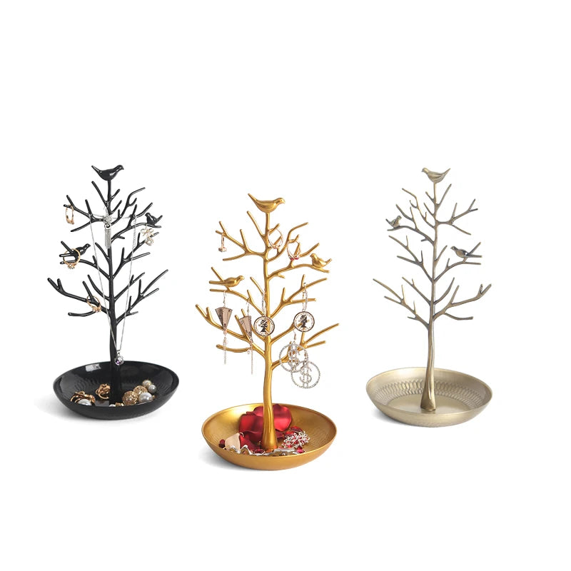 Multi-Function Alloy Jewelry Organizer Display Stand with Bird Tree Design