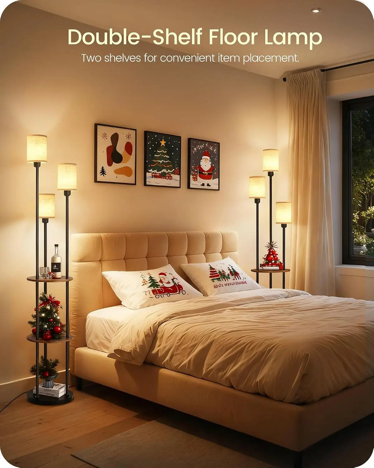 Modern Floor Lamp with Shelves, 3 Linen Shades & Foot Switch, Rustic Brown Beige for Living Room