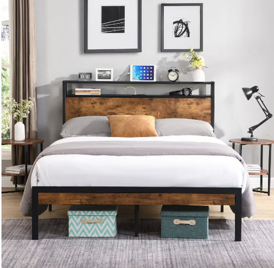 Queen Size Metal Platform Bed Frame with Wooden Headboard and Footboard with USB LINER