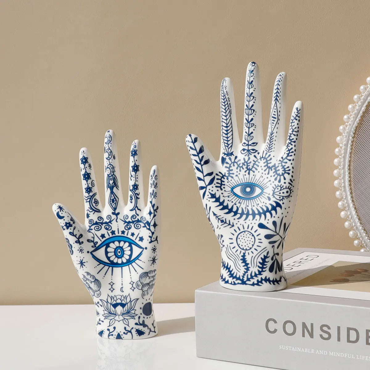 Hamsa Hand Jewelry Display Holder - Ceramic Mannequin Ring & Bracelet Stand with Evil Eye Symbolism, Decorative Jewelry Organizer for Necklaces, Earrings, and Trinkets