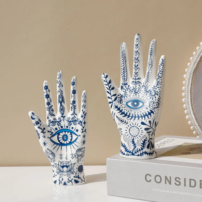 Hamsa Hand Jewelry Display Holder - Ceramic Mannequin Ring & Bracelet Stand with Evil Eye Symbolism, Decorative Jewelry Organizer for Necklaces, Earrings, and Trinkets