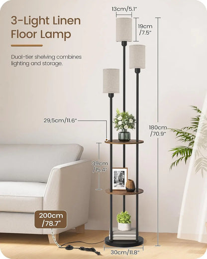 Modern Floor Lamp with Shelves, 3 Linen Shades & Foot Switch, Rustic Brown Beige for Living Room