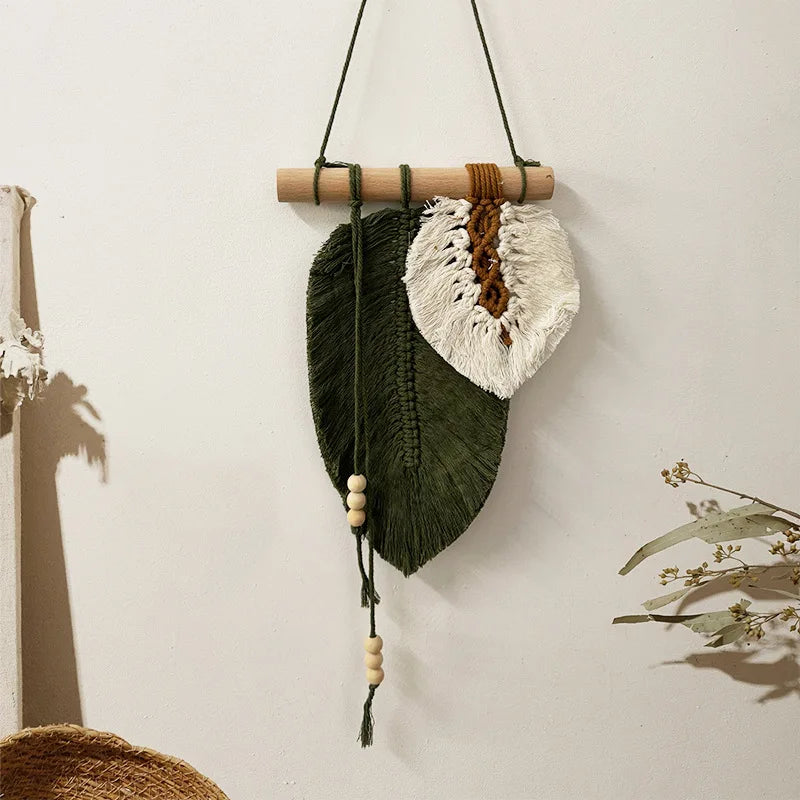 Large Macrame Leaf Wall Hanging - Handmade Boho Feather Woven Art Tapestry for Nursery, Bedroom, Living Room