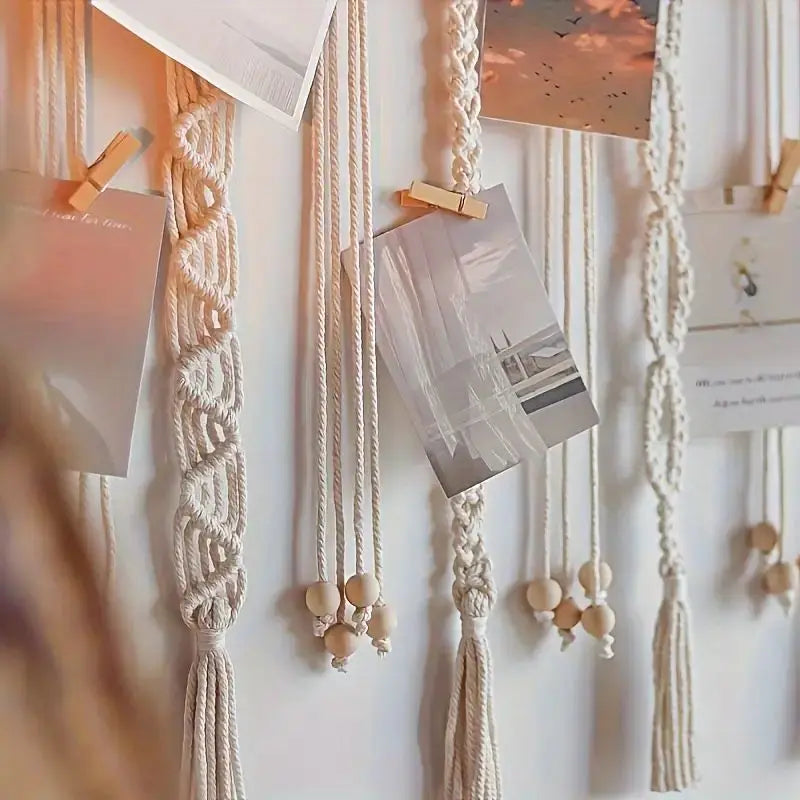 Boho Photo Display Clip Handmade Exquisite Tassel Wall Hanging Decoration Photograph Storage Tool with 20 Wooden Clips