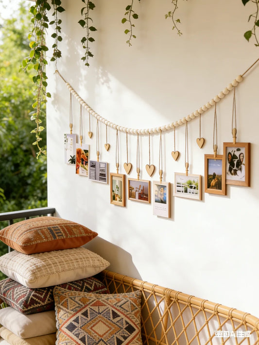 Hanging Photo Display with Wood Bead Garland - Boho Wall Decor Picture Frame Collage with 9 Clips, Rustic Christmas Card Holder with Wooden Hearts for Home, Bedroom