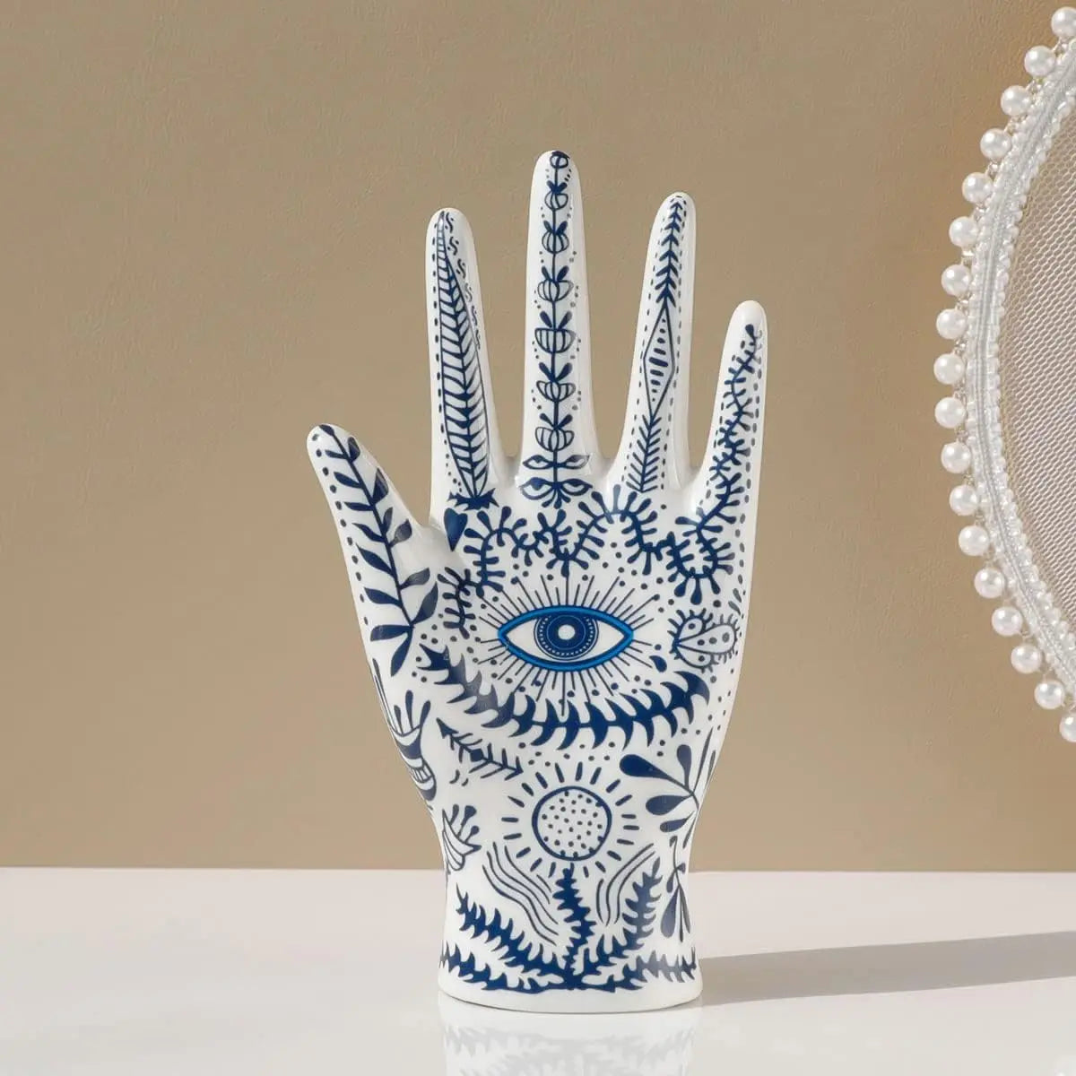 Hamsa Hand Jewelry Display Holder - Ceramic Mannequin Ring & Bracelet Stand with Evil Eye Symbolism, Decorative Jewelry Organizer for Necklaces, Earrings, and Trinkets