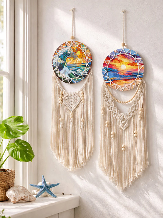 Boho Macrame Dreamcatcher Wall Hanging - Coastal Cotton Woven Tapestry with Sea Sunset Print, Bohemian Wall Decor for Bedroom, Beach House, or Dorm