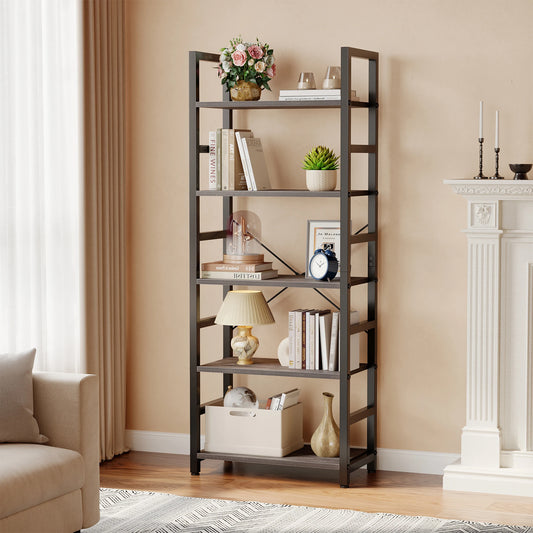 Wooden Storage Standing 5 Tiers Display Bookshelf Sturdy Structure Graduated Shelves Adjustable Feet for Living Room