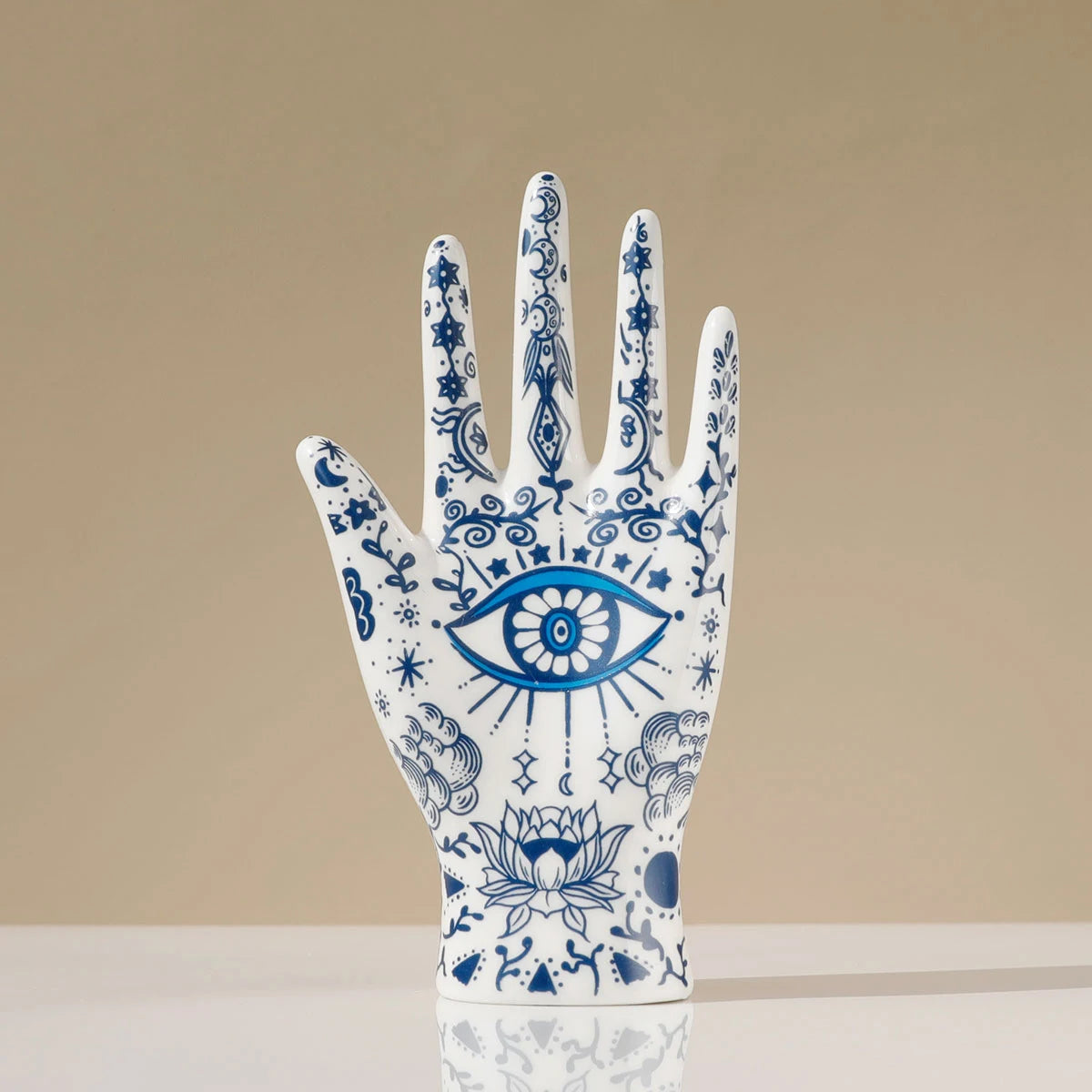 Hamsa Hand Jewelry Display Holder - Ceramic Mannequin Ring & Bracelet Stand with Evil Eye Symbolism, Decorative Jewelry Organizer for Necklaces, Earrings, and Trinkets