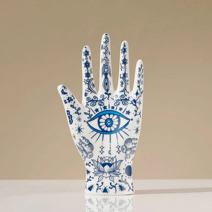 Hamsa Hand Jewelry Display Holder - Ceramic Mannequin Ring & Bracelet Stand with Evil Eye Symbolism, Decorative Jewelry Organizer for Necklaces, Earrings, and Trinkets