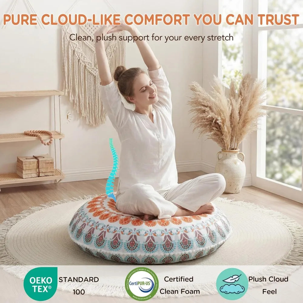 Set of 2 Boho Floor Pillows 32" – Memory Foam Meditation Cushions with Washable Covers, Large Mandala Floor Seating for Yoga, Living Room, Dorm