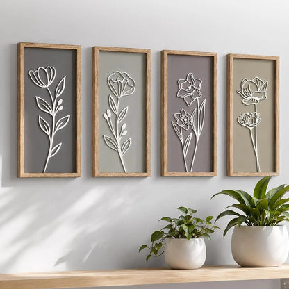 3D Wooden Floral Bathroom Wall Decor (Set of 4) Lightweight, Ready-To-Hang Framed Wall Art for Living Room, Bedroom, or Office - Premium Boho Botanical Farmhouse Decorations - Gift-Boxed