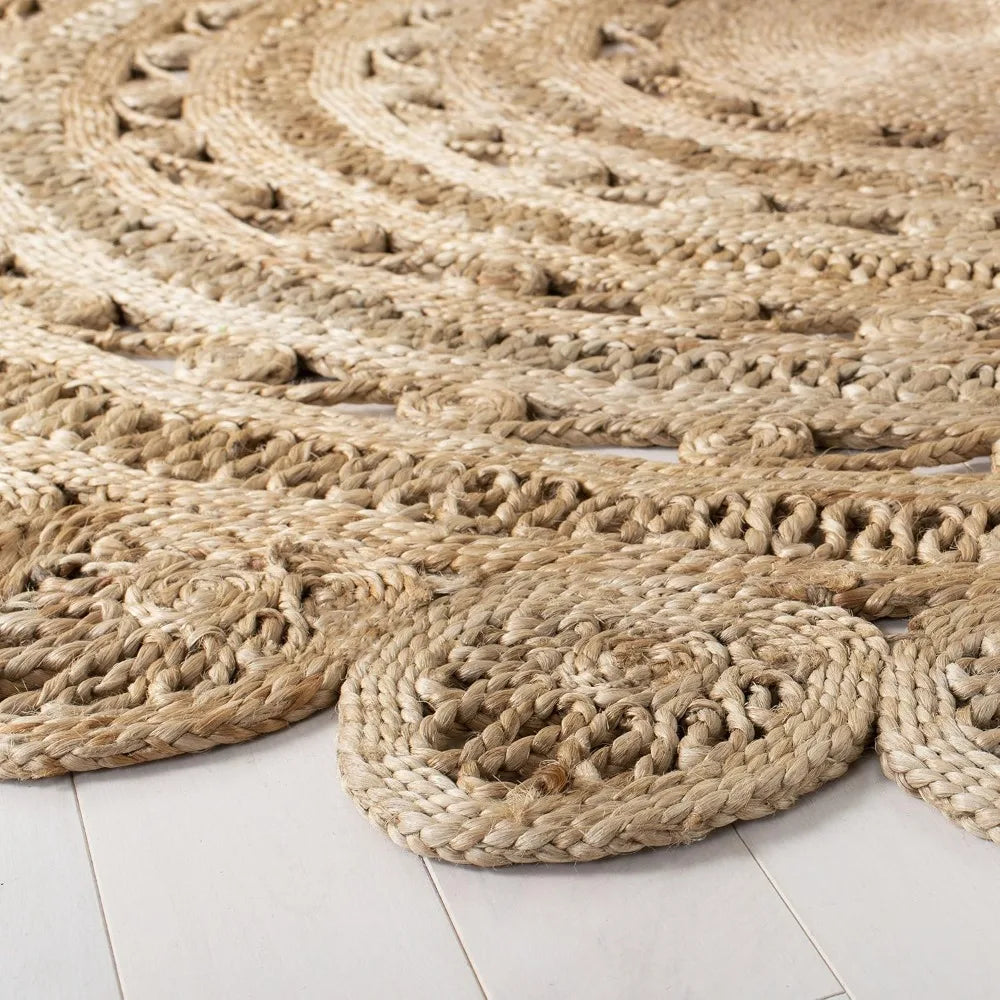 Handmade Boho Jute Area Rug - 4' Round, Natural, Durable for High Traffic Living Room, Bedroom
