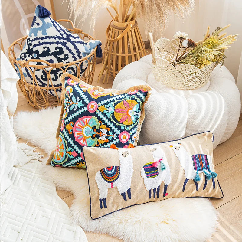 Boho Moroccan Tassel Throw Pillow Cover - Handmade Embroidered Cotton Cushion Cover with Geometric & Alpaca Designs