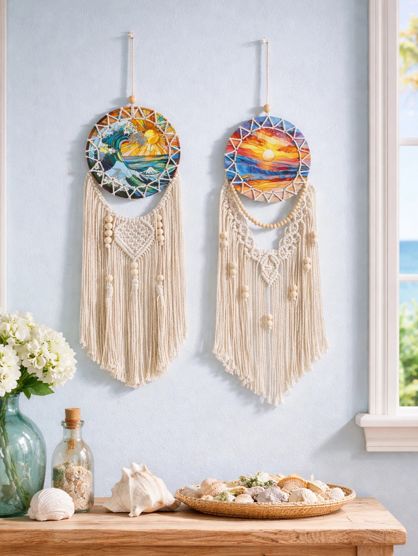 Boho Macrame Dreamcatcher Wall Hanging - Coastal Cotton Woven Tapestry with Sea Sunset Print, Bohemian Wall Decor for Bedroom, Beach House, or Dorm