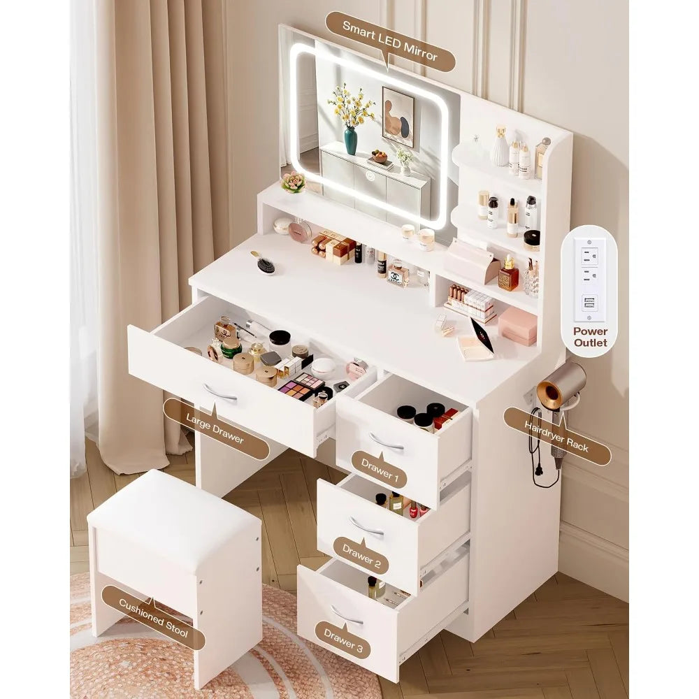 White Vanity Desk Set with Smart LED Mirror & Charging Station,Cushioned Stool & 4 Drawers,34.1 Inch, Custom