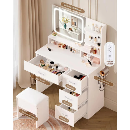 White Vanity Desk Set with Smart LED Mirror & Charging Station,Cushioned Stool & 4 Drawers,34.1 Inch, Custom