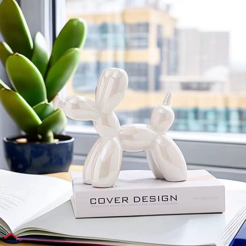 Ceramic Balloon Dog Sculpture - Modern Animal Figurine for Home Decor, Shelf Styling, Living Room, Office - Metallic Gloss Finish