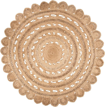 Handmade Boho Jute Area Rug - 4' Round, Natural, Durable for High Traffic Living Room, Bedroom