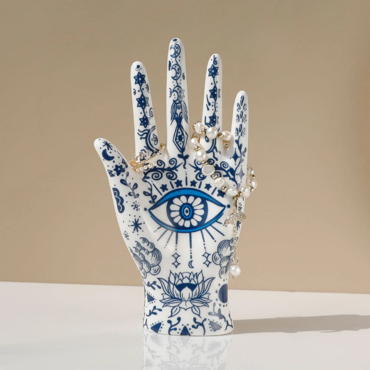 Hamsa Hand Jewelry Display Holder - Ceramic Mannequin Ring & Bracelet Stand with Evil Eye Symbolism, Decorative Jewelry Organizer for Necklaces, Earrings, and Trinkets