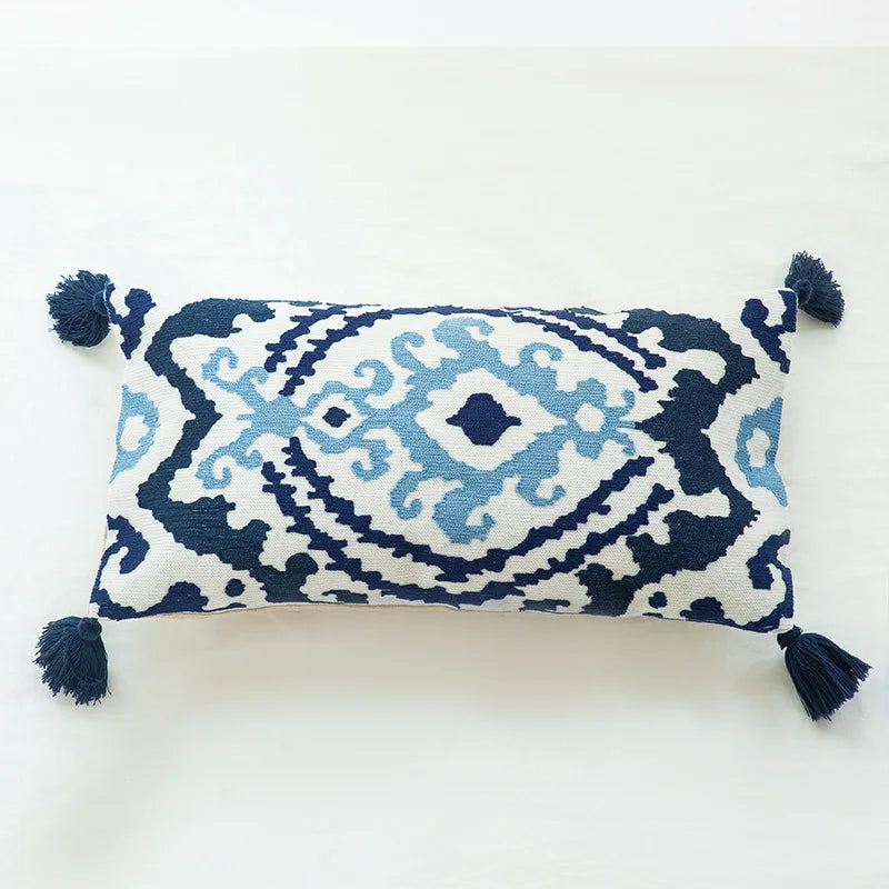 Boho Moroccan Tassel Throw Pillow Cover - Handmade Embroidered Cotton Cushion Cover with Geometric & Alpaca Designs