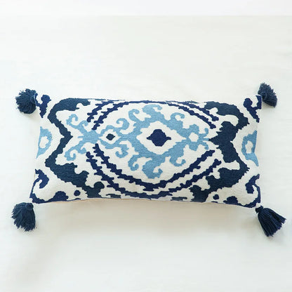 Boho Moroccan Tassel Throw Pillow Cover - Handmade Embroidered Cotton Cushion Cover with Geometric & Alpaca Designs
