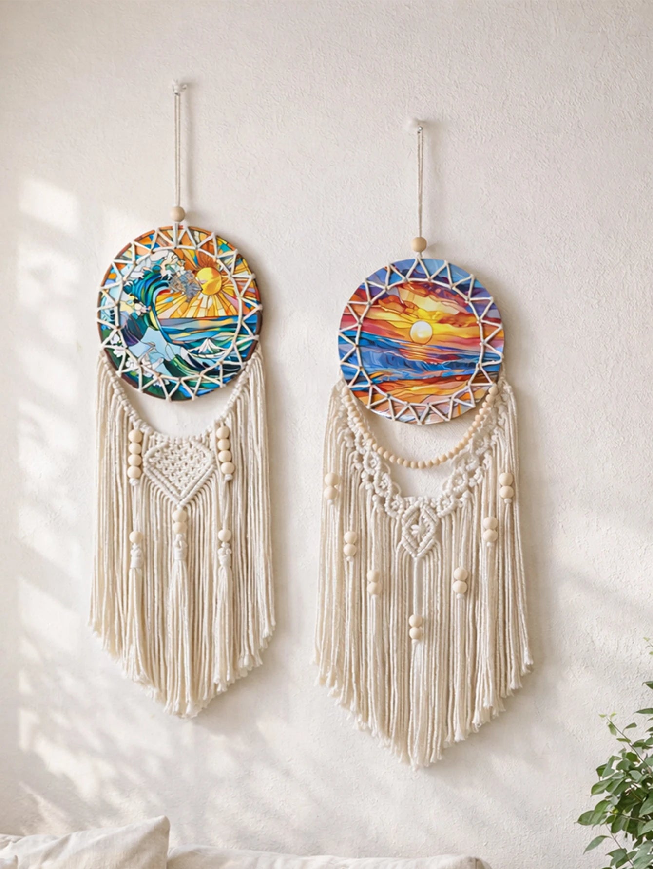 Boho Macrame Dreamcatcher Wall Hanging - Coastal Cotton Woven Tapestry with Sea Sunset Print, Bohemian Wall Decor for Bedroom, Beach House, or Dorm