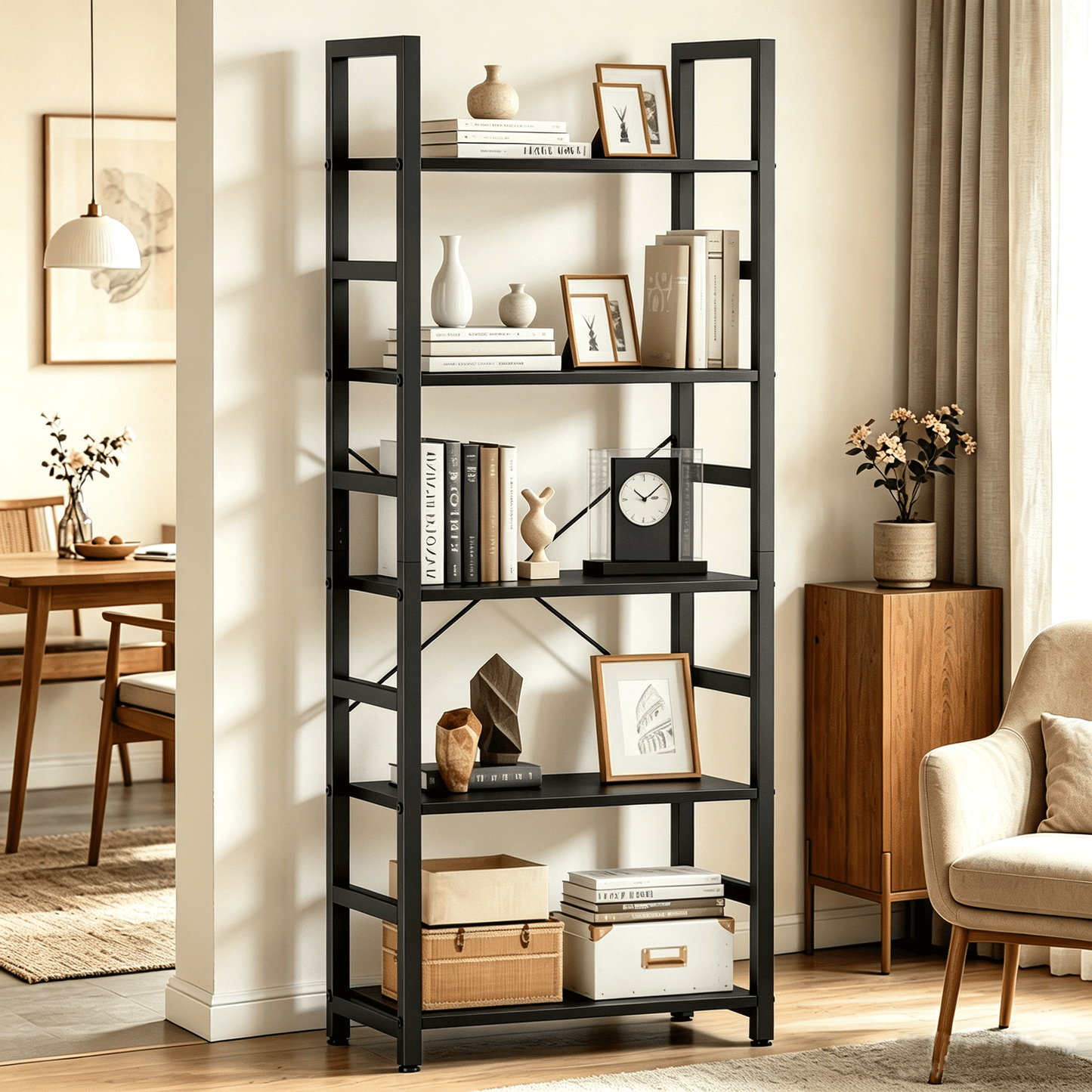 Wooden Storage Standing 5 Tiers Display Bookshelf Sturdy Structure Graduated Shelves Adjustable Feet for Living Room