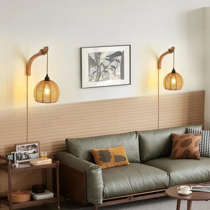 Plug in LED Rattan Wall Lamp Bedroom Living Room Woven Light Bedside Lamps E27 Retro Hemp Rope Light Home Decoration Fixtures