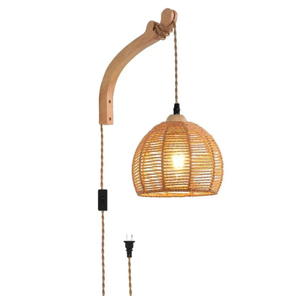 Plug in LED Rattan Wall Lamp Bedroom Living Room Woven Light Bedside Lamps E27 Retro Hemp Rope Light Home Decoration Fixtures