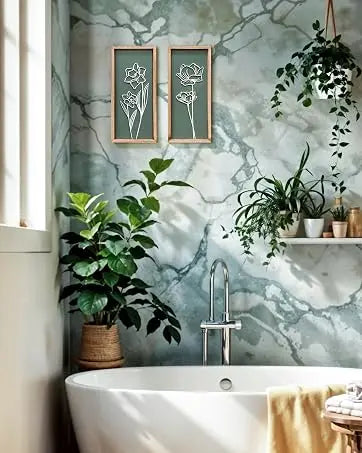3D Wooden Floral Bathroom Wall Decor (Set of 4) Lightweight, Ready-To-Hang Framed Wall Art for Living Room, Bedroom, or Office - Premium Boho Botanical Farmhouse Decorations - Gift-Boxed