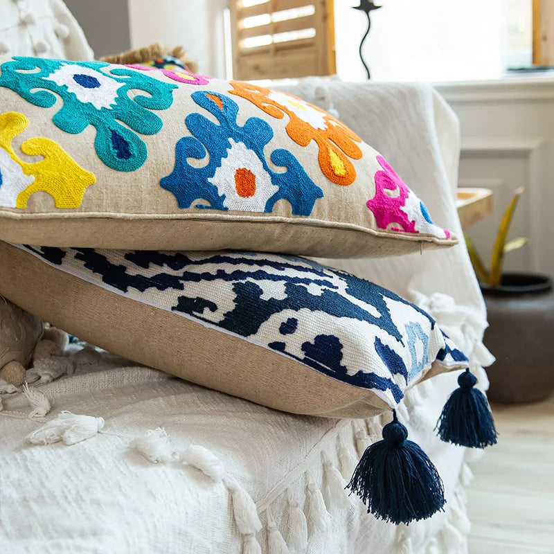Boho Moroccan Tassel Throw Pillow Cover - Handmade Embroidered Cotton Cushion Cover with Geometric & Alpaca Designs