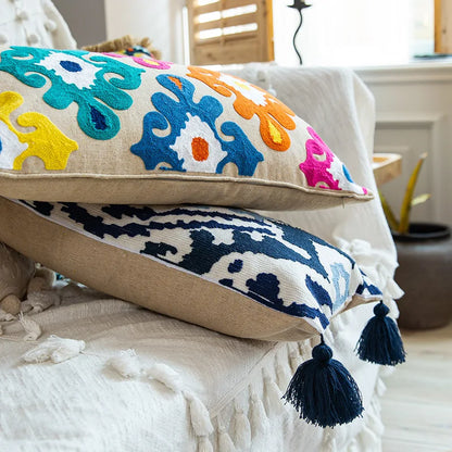 Boho Moroccan Tassel Throw Pillow Cover - Handmade Embroidered Cotton Cushion Cover with Geometric & Alpaca Designs