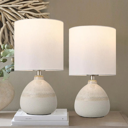 Ceramic Table Lamp Set of 2 for Bedroom, White Farmhouse Lamps with Linen Shade, 13.7IN Nightstand Lights for Living Room