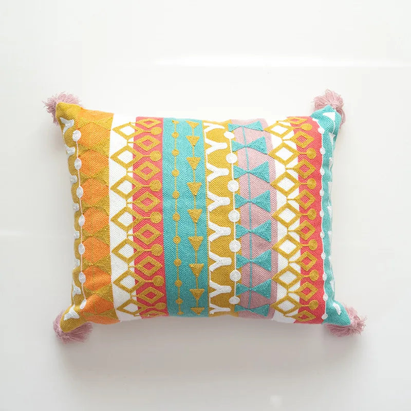 Boho Moroccan Tassel Throw Pillow Cover - Handmade Embroidered Cotton Cushion Cover with Geometric & Alpaca Designs