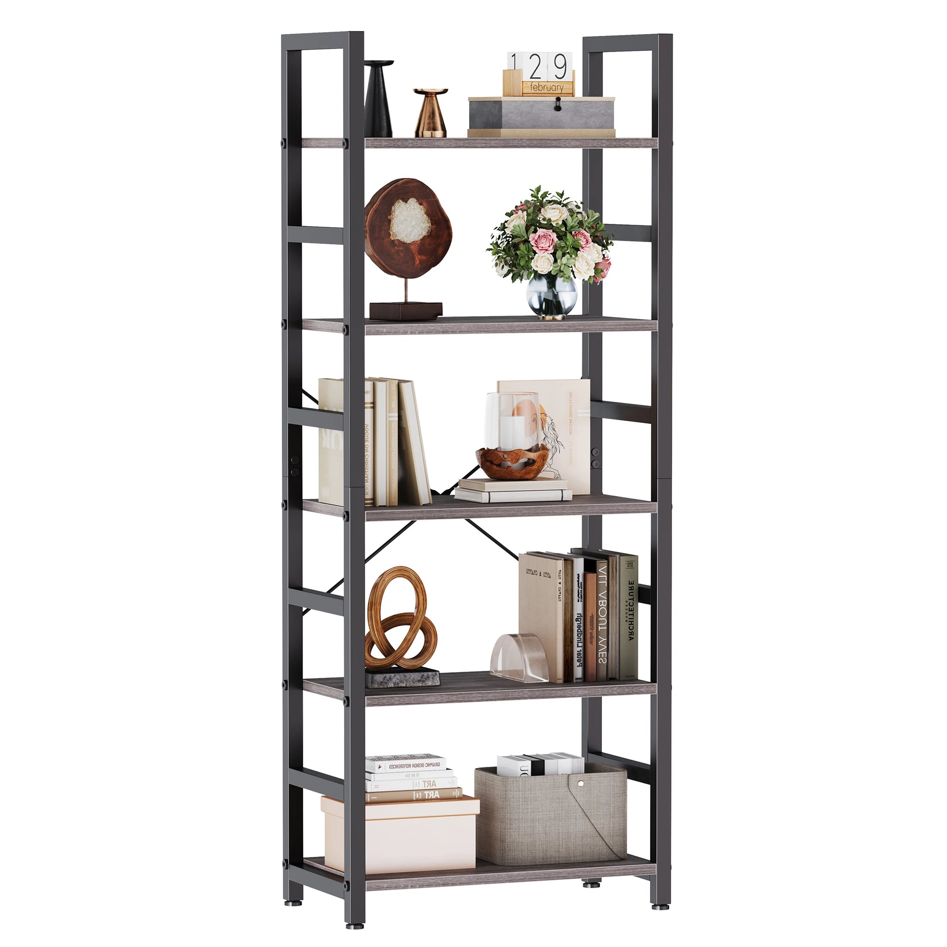 Wooden Storage Standing 5 Tiers Display Bookshelf Sturdy Structure Graduated Shelves Adjustable Feet for Living Room