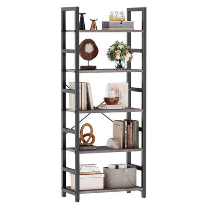 Wooden Storage Standing 5 Tiers Display Bookshelf Sturdy Structure Graduated Shelves Adjustable Feet for Living Room
