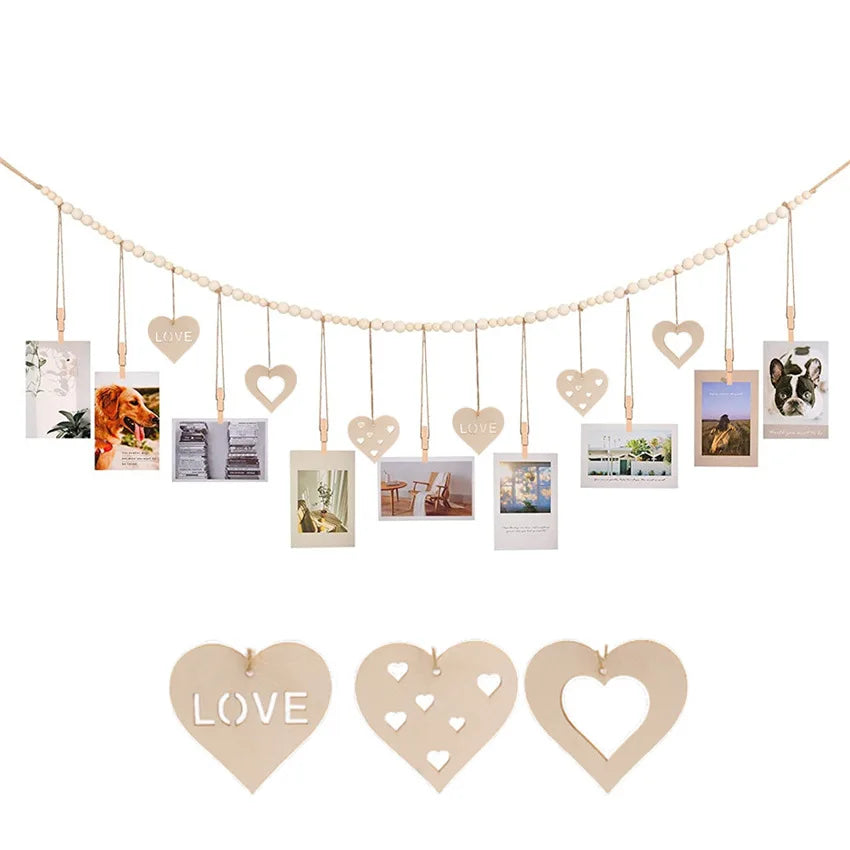 Hanging Photo Display Room Wall Decor, Boho Collage Picture Frame Christmas Cards Holder Wooden Hearts for Home Bedroom Office