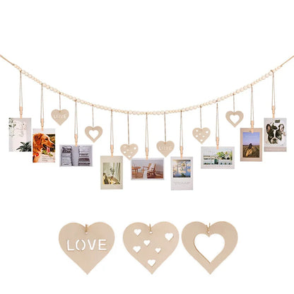 Hanging Photo Display Room Wall Decor, Boho Collage Picture Frame Christmas Cards Holder Wooden Hearts for Home Bedroom Office