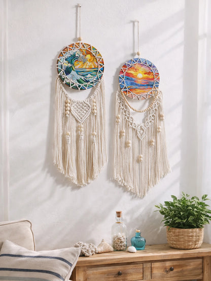 Boho Macrame Dreamcatcher Wall Hanging - Coastal Cotton Woven Tapestry with Sea Sunset Print, Bohemian Wall Decor for Bedroom, Beach House, or Dorm