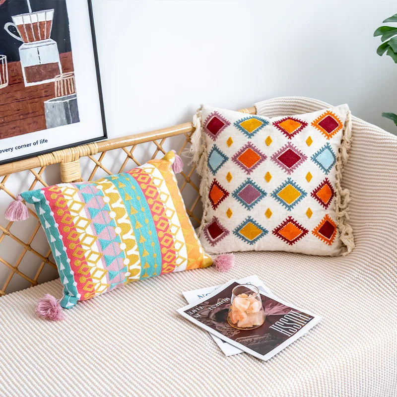 Boho Moroccan Tassel Throw Pillow Cover - Handmade Embroidered Cotton Cushion Cover with Geometric & Alpaca Designs