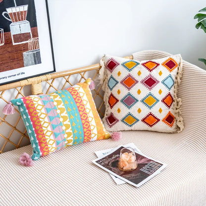 Boho Moroccan Tassel Throw Pillow Cover - Handmade Embroidered Cotton Cushion Cover with Geometric & Alpaca Designs