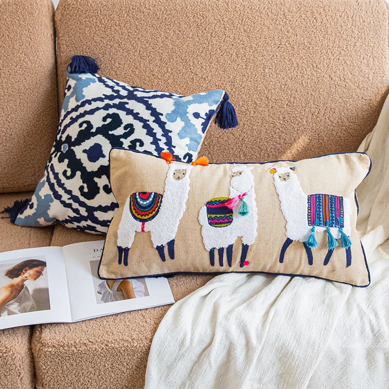 Boho Moroccan Tassel Throw Pillow Cover - Handmade Embroidered Cotton Cushion Cover with Geometric & Alpaca Designs