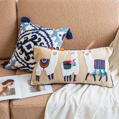 Boho Moroccan Tassel Throw Pillow Cover - Handmade Embroidered Cotton Cushion Cover with Geometric & Alpaca Designs