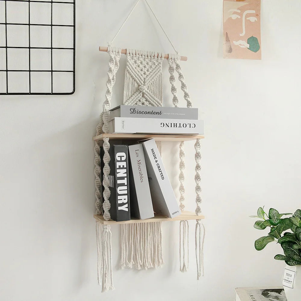 Macrame Wall Hanging Shelf Boho Home Decor Shelves on Wall Wood Decoration for Bedroom Living Room Nursery Christamas Gift