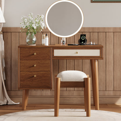 39 Retro Bohemian Style Wooden Makeup Vanity Set with Charging Plug&Usb Port and Stool, Dressing Table with 3 Storage Drawers and 1 Rectangular Rattan Drawer, Walnut